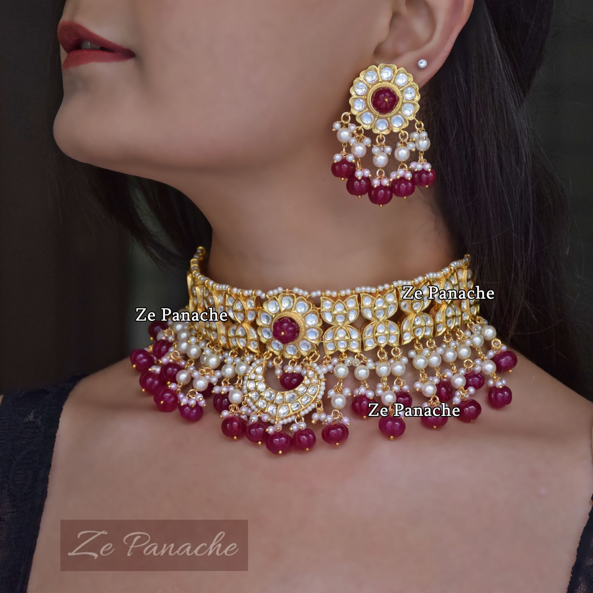Attractive Red Beaded Choker Set - South India Jewels